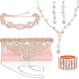 Gorgeous 5-Piece Evening Jewelry Set with Rose Gold Clutch and Accessories